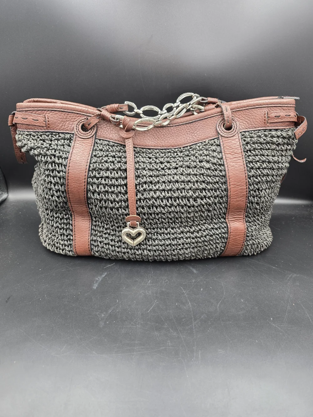 Brighton Brown Trim Woven Tote with Heart Charm